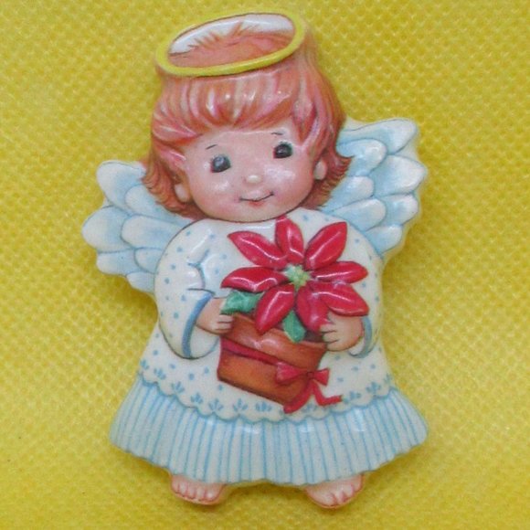 Poinsettia Angel Brooch Resin Angel With A Poinsettia Plant Angel Brooch - Picture 1 of 10